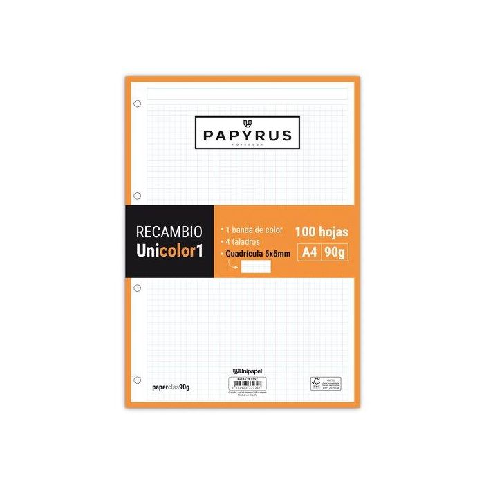 Recambio Papyrus Unicolor1 A4 100H 90G 4 Taladros Cuad.5X5 Naranja 24 unidades