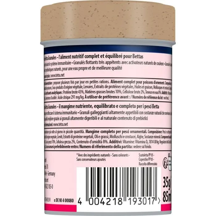 Tetra Betta Granules - TETRA - Alimento completo para peces luchadores, Betta splendens - 85 ml 1