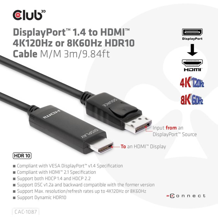 Club3D CAC-1087 Cable DisplayPort 1.4 a HDMI 2.1 HDR 8K60Hz Activo 3m para Windows/Mac 2 Club3D CAC-1087 Cable DisplayPort 1.4 a HDMI 2.1 HDR 8K60Hz Activo 3m para Windows/Mac 2