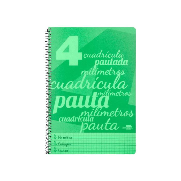 Cuaderno Espiral Liderpapel Folio Pautaguia Tapa Plastico 80H 75 gr Cuadro Pautado 4 mm Con Margen Color Verde 1