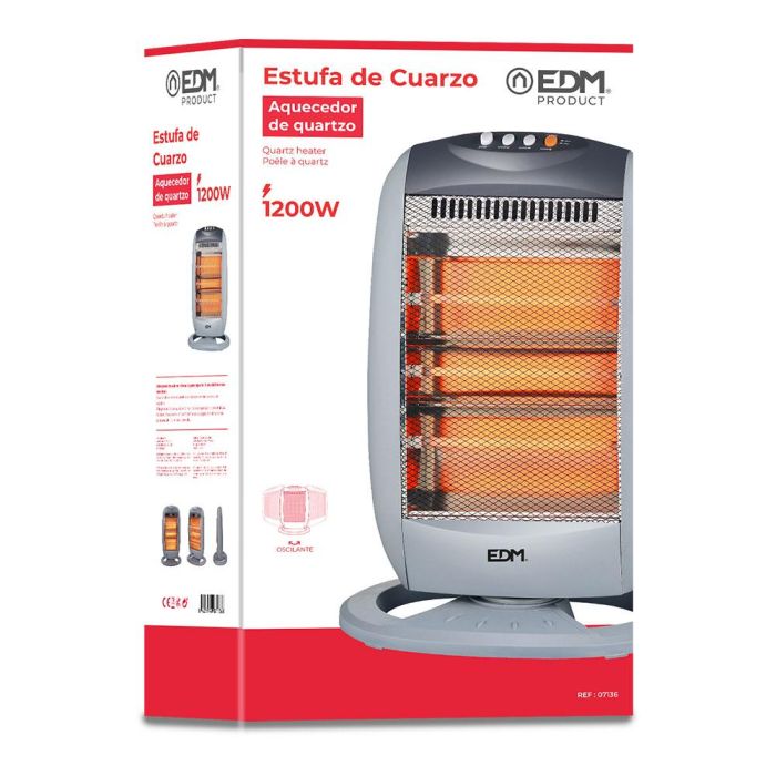 Edm Estufa de cuarzo oscilante, seguridad anti-vuelco, 3 potencias (400/800/1200W), 30x40x53 cm 1 Edm Estufa de cuarzo oscilante, seguridad anti-vuelco, 3 potencias (400/800/1200W), 30x40x53 cm 1