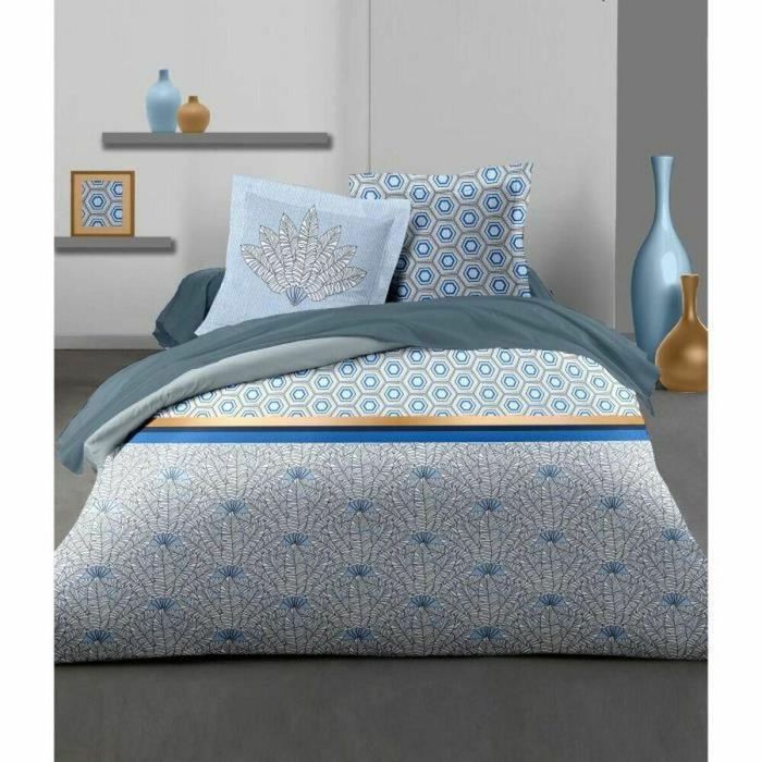 HOME LINGE PASSION Juego de edredón Luxor - 1 funda nórdica 220 x 240 cm + 2 fundas de almohada 65 x 65 cm - Azul y blanco 1