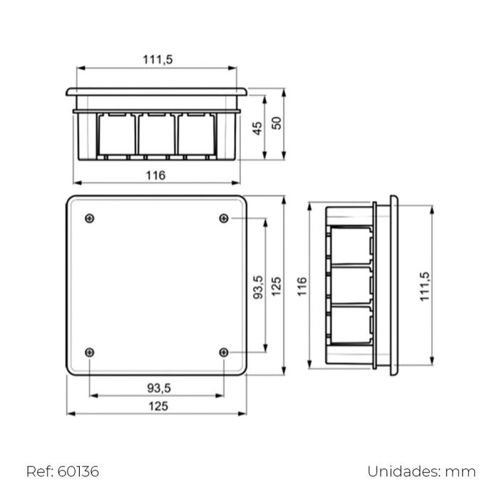 Caja de empotrar cuadrada 100x100x45mm con tornillos solera 362 1 Caja de empotrar cuadrada 100x100x45mm con tornillos solera 362 1