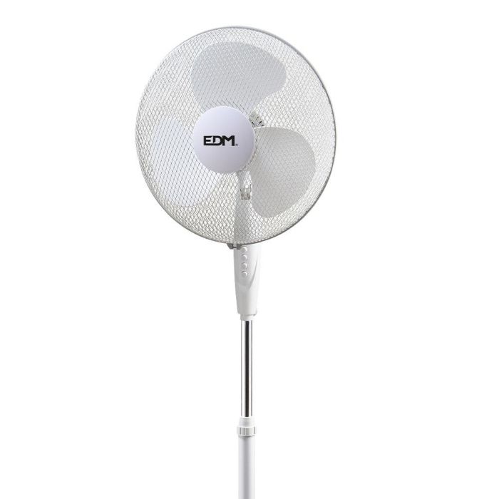 Ventilador de pie con base circular. color blanco. potencia: 45w aspas: ø40cm altura regulable 110-130cm edm 1