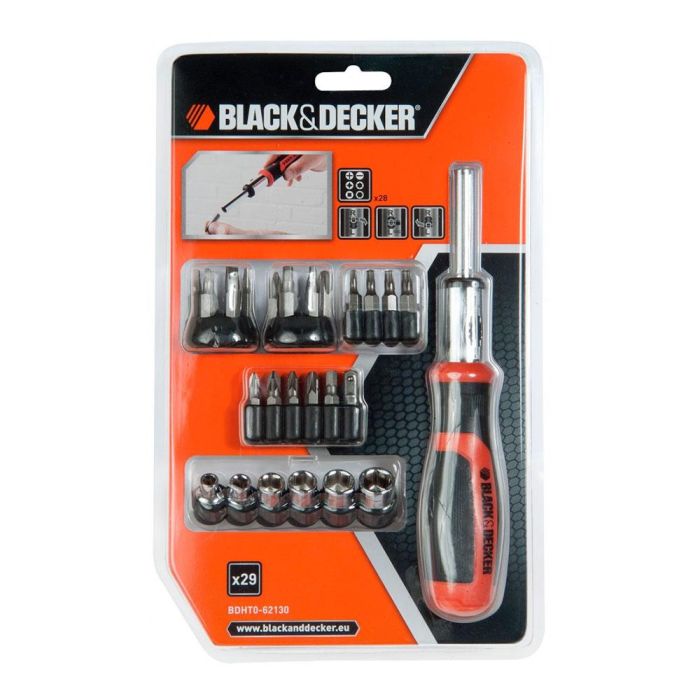 Black+Decker Juego Multipuntas con Carraca 29 Piezas Mecanismo de 3 Posiciones Empuñadura Ergonómica Vasos Cromo Vanadio 1
