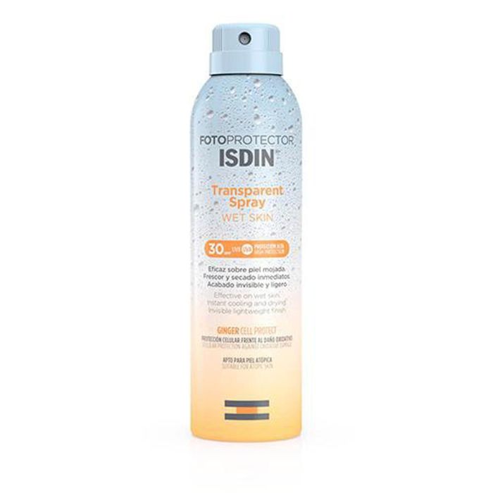 ISDIN Fotoprotector Solar Corporal Transparent Spray SPF30 Wet Skin Resistencia Agua Secado Rápido para Todo Tipo de Pieles 250 ml