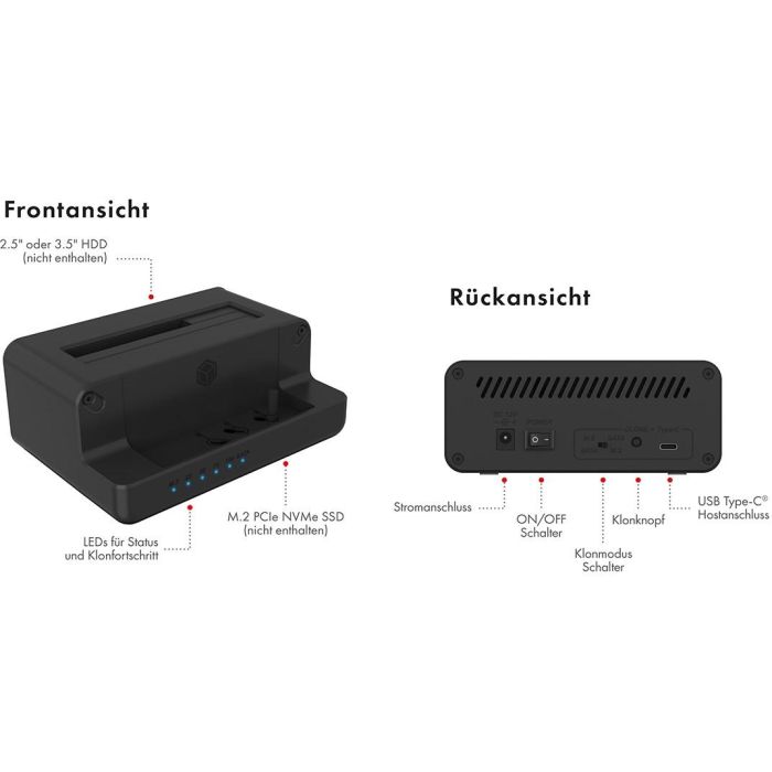ICY BOX IB-2914MSCL-C31 Klon- und DockingStation für M.2 NVMe SSD und 3.5"/2.5" SATA HDD/SSD 3
