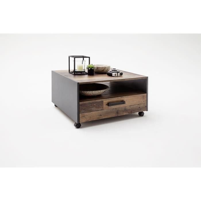 Mesa de centro cuadrada - Tablero de partículas - Madera envejecida y decoración gris - Doble tapa - 1 cajón - L70 x D70 x H40 cm 1