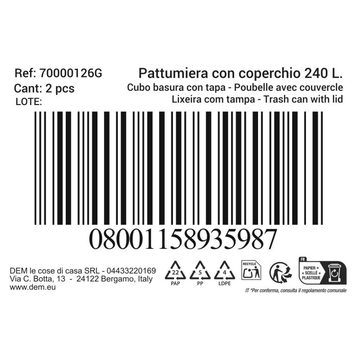Inde Cubo Basura Con Tapa 240 Lt Negro/Verde 60 cm Ancho x 105 cm Alto x 78 cm Largo (2 Unidades) 1