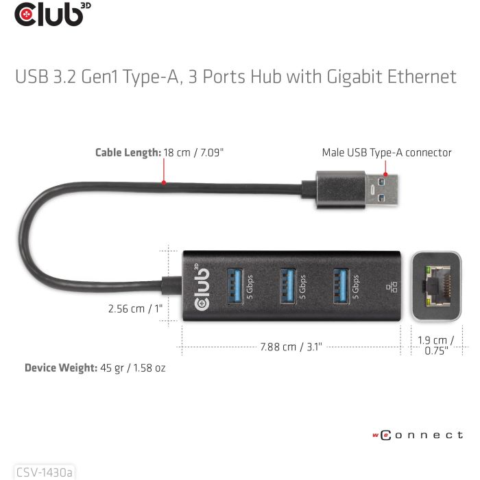 Club3D Hub USB 3.2 Gen 1 Tipo-A con 3 Puertos y Adaptador Gigabit Ethernet, Negro, Conectividad Alámbrica 5 Club3D Hub USB 3.2 Gen 1 Tipo-A con 3 Puertos y Adaptador Gigabit Ethernet, Negro, Conectividad Alámbrica 5