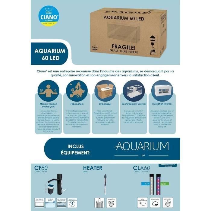 Acuario - CIANO - 60 L - Filtro - LED - Calefacción - Espuma 30 PPI - CF80 - Negro 3 Acuario - CIANO - 60 L - Filtro - LED - Calefacción - Espuma 30 PPI - CF80 - Negro 3