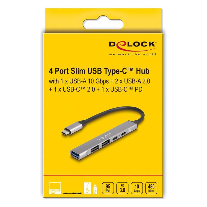 DeLOCK 64298 Hub USB-C Slim de 4 Puertos, 1x USB-A 10 Gbps + 2x USB-A 2.0 + 1x USB-C 2.0, con Power Delivery 95W, Aluminio, Plug & Play, para Windows, Mac, Linux 2 DeLOCK 64298 Hub USB-C Slim de 4 Puertos, 1x USB-A 10 Gbps + 2x USB-A 2.0 + 1x USB-C 2.0, con Power Delivery 95W, Aluminio, Plug & Play, para Windows, Mac, Linux 2