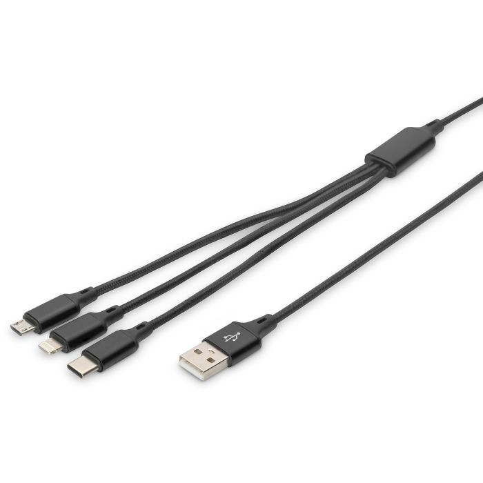 Digitus LAK 3in1 USB A + Lightning + MicroUSB a USB C, Cable de Carga 1m, Negro