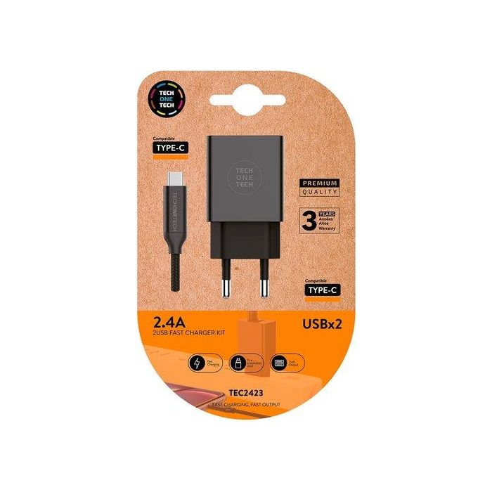 Tech One Tech Cargador Doble Rápido 2.4A con Cable USB-C de Nylon Trenzado Negro