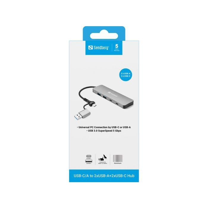 Sandberg Hub USB-C/A a 2x USB-A y 2x USB-C para Ordenador: Amplía Puertos USB-C y USB-A. Conecta Dispositivos Simultáneamente. Plug & Play. 2