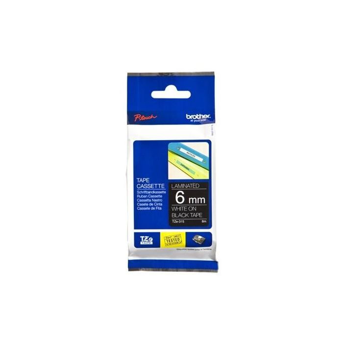 Brother Cinta Laminada Blanca sobre Negro 6mm x 8m - Adhesión Fuerte, Duradera, Resistente Agua, UV y Temperaturas Extremas