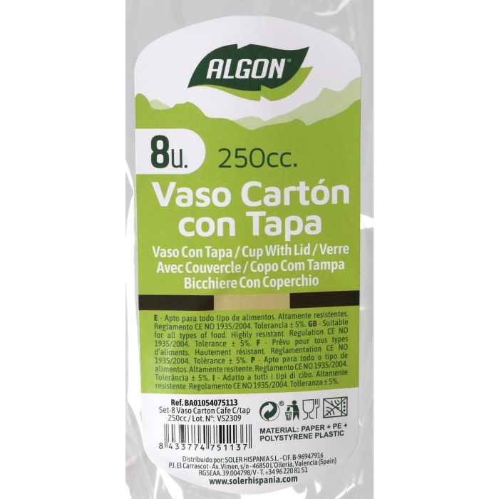 Set de 8 vasos de cartón café con tapa 250 cc Algon (36 Cajas) 3 Set de 8 vasos de cartón café con tapa 250 cc Algon (36 Cajas) 3