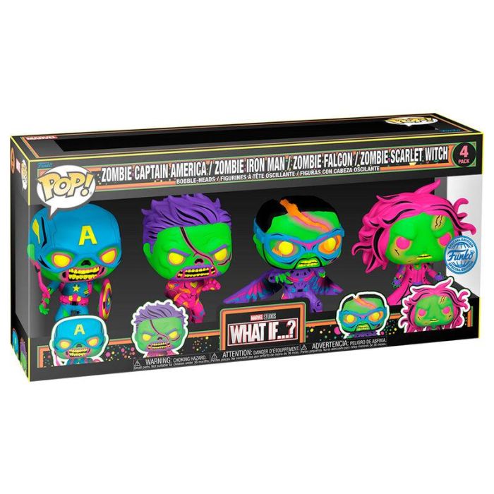 FUNKO Blister 4 figuras POP Marvel What If...? Exclusive Black Light Zombie Capitán América, Iron Man, Falcon & Scarlet Witch
