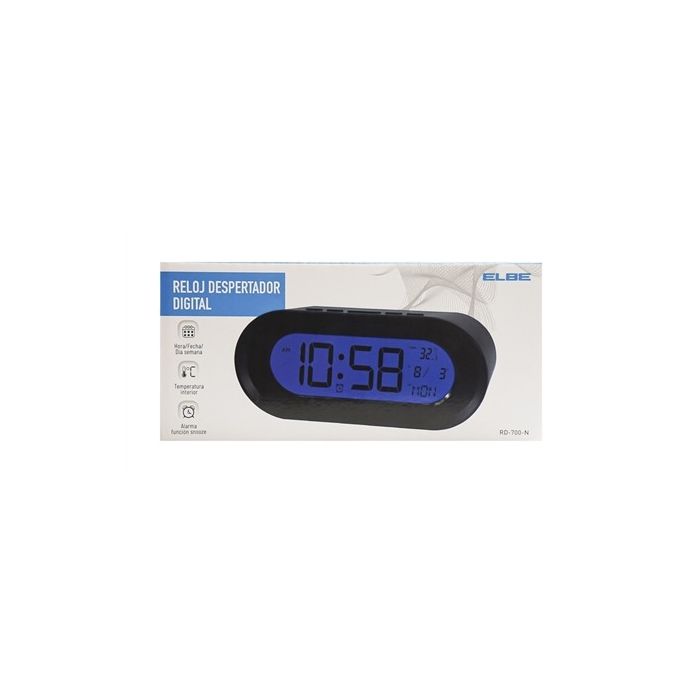 Reloj Despertador Negro Con Termómetro Y Calendario Pantalla 11Cm ELBE RD-700-N 4