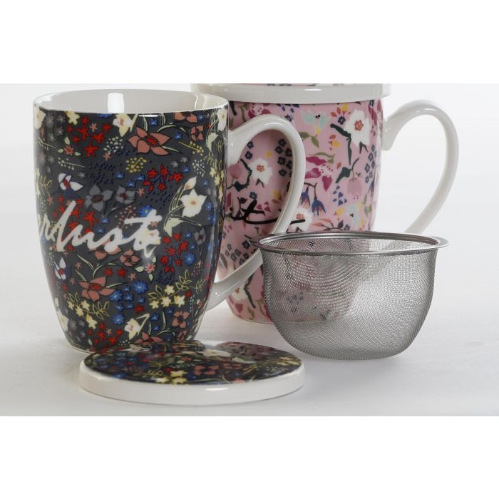 DKD Home Decor Mug Infusiones Shabby Multicolor Rosa Porcelana y Acero Inoxidable 380ml 12 Unidades 8.3 x 11 x 12 cm 1