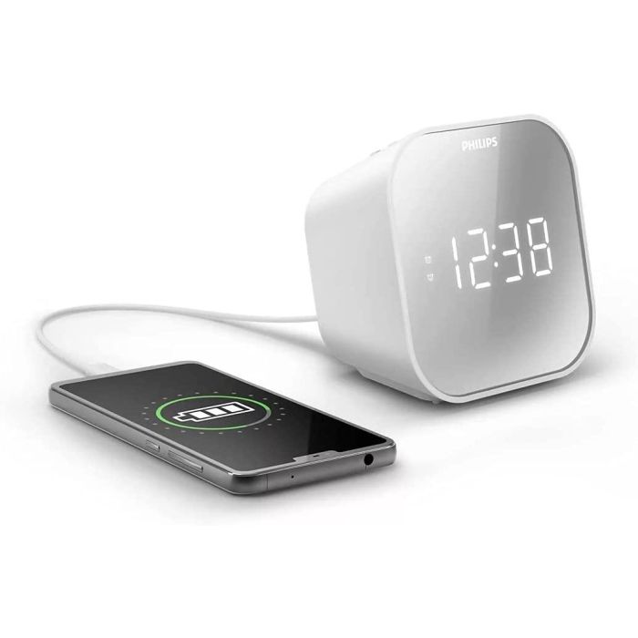 Philips TAR4406/12 Reloj Despertador Digital LED Blanco con Radio FM Carga USB