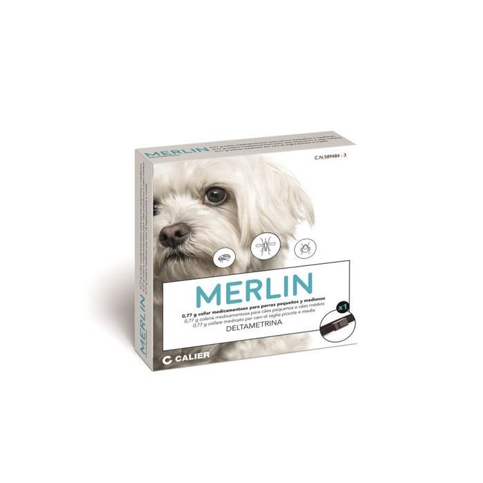 Calier Merlin Collar Antiparasitario Perros Pequeños y Medianos 48 cm 0,77 gr con Deltametrina para Protección contra Pulgas y Garrapatas 1 Ud