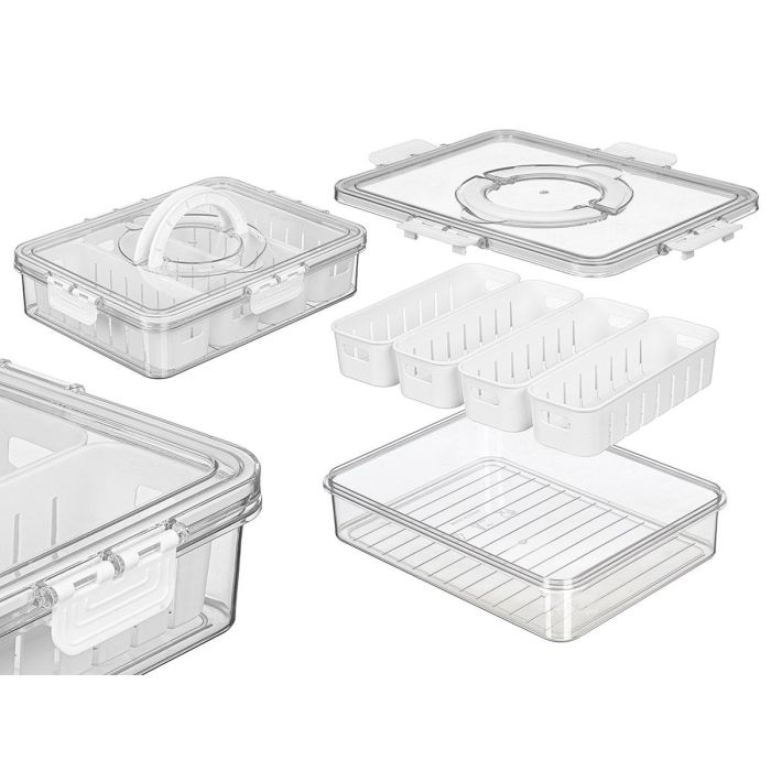 Kinvara Caja Hermética con 4 Organizadores y Asa, Plástico Blanco 3,2L, 31x7x24 cm (Set de 12)