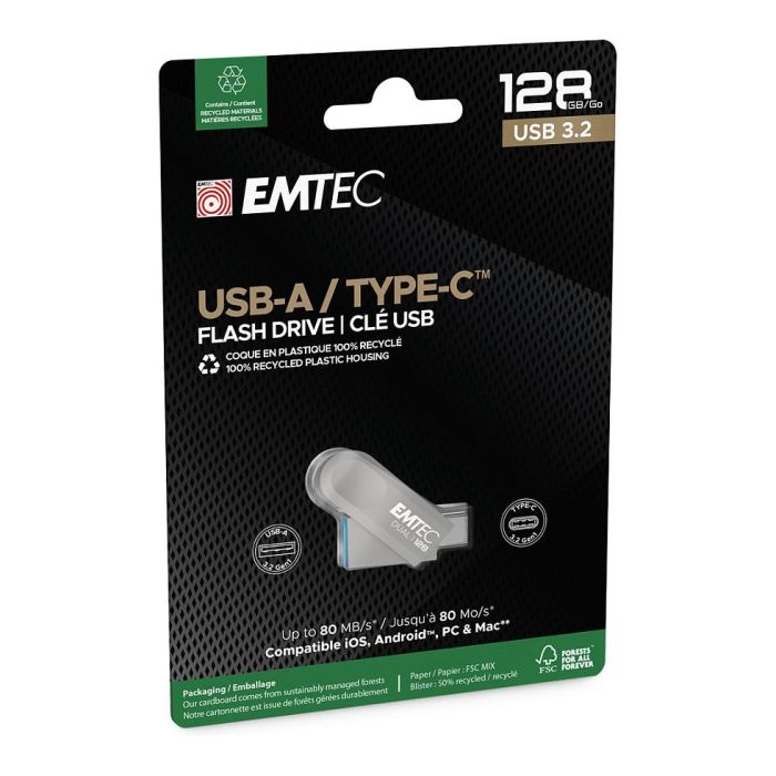 EMTEC D280 Stick Dual USB 3.2 Gen 1 Tipo-C y Tipo-A Giratorio, 128 GB, Plata 2 EMTEC D280 Stick Dual USB 3.2 Gen 1 Tipo-C y Tipo-A Giratorio, 128 GB, Plata 2