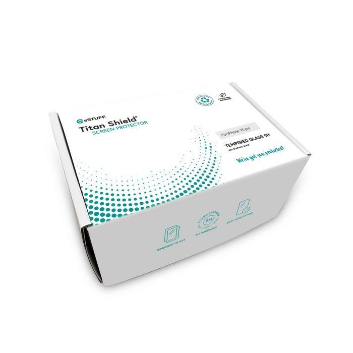 eSTUFF Protector de Pantalla Completo Titan Shield para iPhone 15 Pro, 50 Unidades, Vidrio Reciclado 9H, Antirotura 3