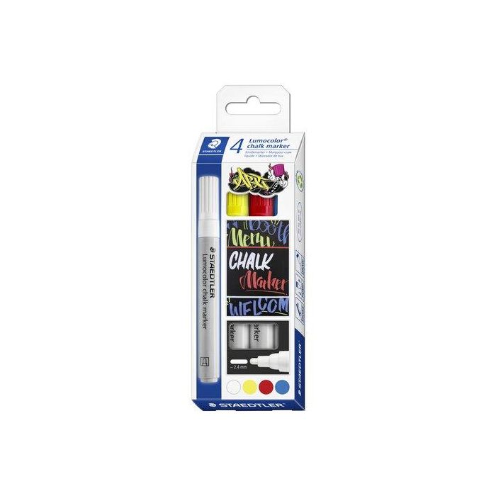 Staedtler Lumocolor 344 Marcador de Tiza Líquida, Negro, Azul, Rojo, Verde, Estuche 4 Ud, Ancho de Línea 2.4 mm