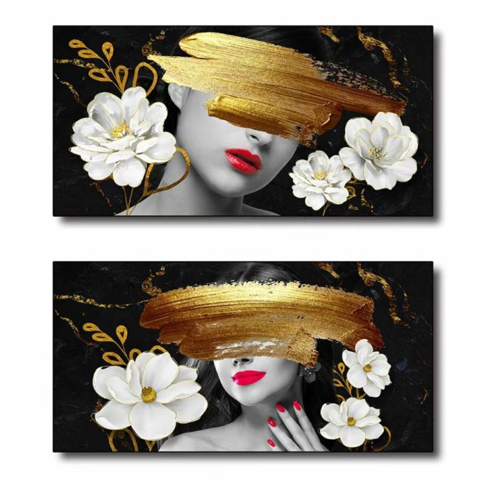DKD Home Decor Cuadro Decorativo Abstracto Glam con Diseño de Chica Dorado Negro Lienzo MDF 80x40x2 cm Set de 2 Unidades