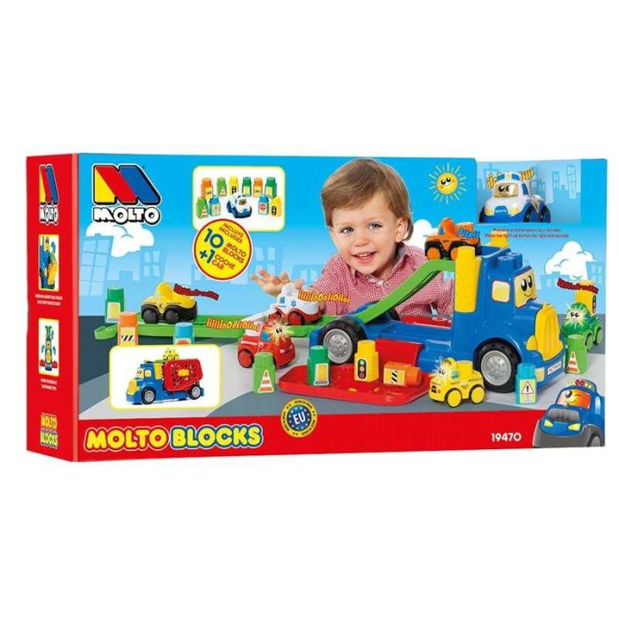 Molto Camión Portacoches 82 cm con 1 Coche y 10 Blocks, Luces y Sonidos, Pilas Incluidas, Plástico para Niños 1+ Años 0 Molto Camión Portacoches 82 cm con 1 Coche y 10 Blocks, Luces y Sonidos, Pilas Incluidas, Plástico para Niños 1+ Años 0