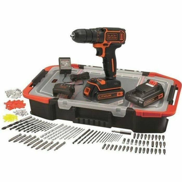 BLACK & DECKER Taladro inalámbrico de litio de 18 V - 2 baterías - 160 caja de accesorios -BDCDC18BAST-QW