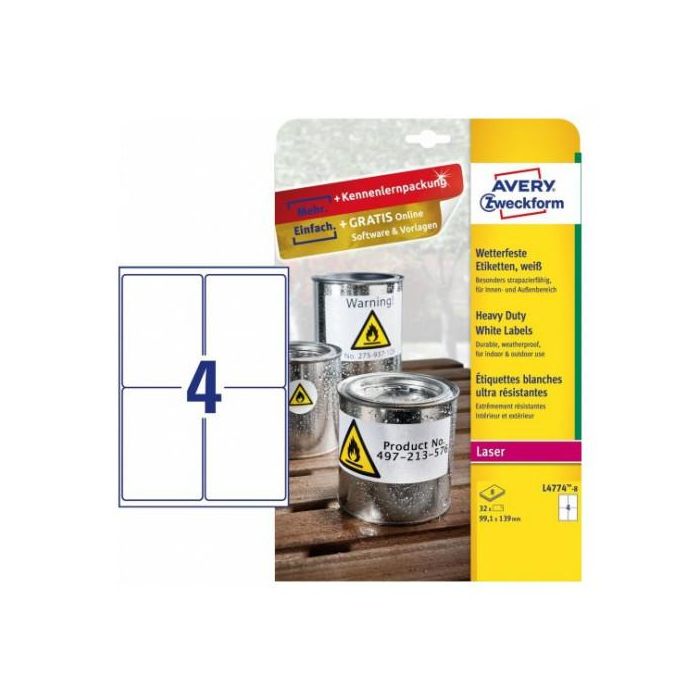 Avery Etiquetas Adhesivas de Poliéster Blanco Resistentes al Agua/Aceite/UV 99,1x139 mm para Impresora Láser - Pack 32 Unidades