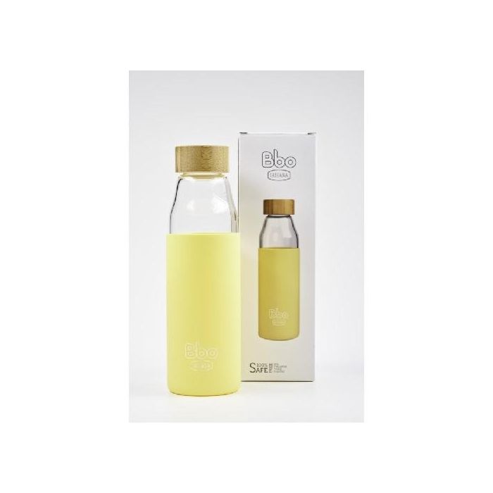 Botella Borosilicato Amarill. Tapon Bambu