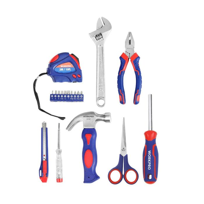 Workpro Estuche de Herramientas de 18 piezas con Alicate, Llave Ajustable, Tijeras, Cúter, Martillo y Flexómetro 1