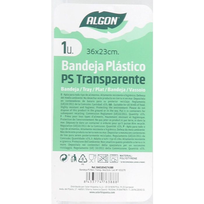 Bandeja rectangular transparente Algon 36x23 cm (18 Unidades) 5 Bandeja rectangular transparente Algon 36x23 cm (18 Unidades) 5