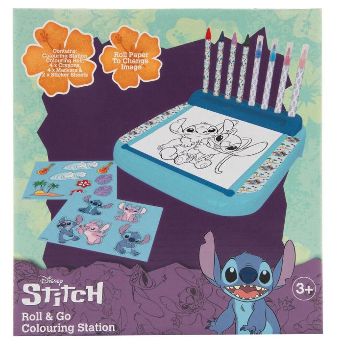CYP BRANDS Estación de Dibujo Roll & Go Stitch Disney con 4 Rotuladores, 4 Ceras, 2 Plantillas Stickers y Rollo de Papel