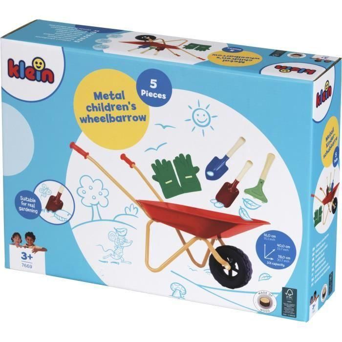 Klein 7669 Carretilla Metálica de Juguete Infantil para Niños +3 Años con 3 herramientas y guantes 3