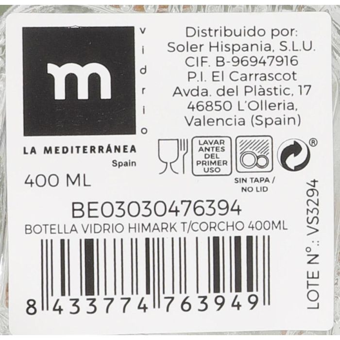 Botella de vidrio Himark con tapón de corcho 400 ml - La Mediterranea (24 Unidades) 7 Botella de vidrio Himark con tapón de corcho 400 ml - La Mediterranea (24 Unidades) 7