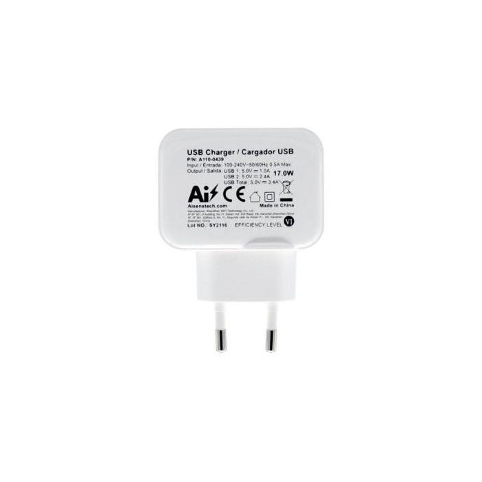 Aisens Cargador USB 17W 5V/3.4A, 2 Puertos USB-A con Control AI, Blanco 3