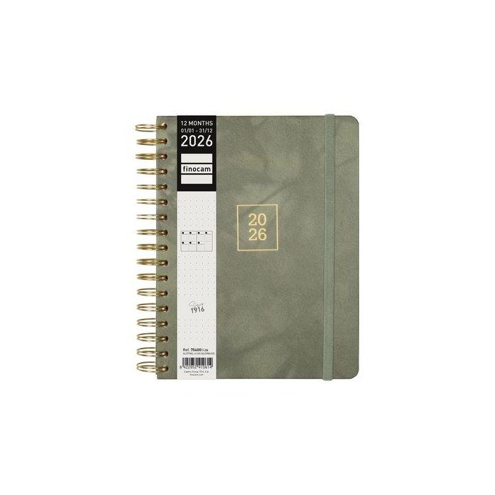 Finocam Agenda Espiral Optimal 2026 4º-155x215 mm, Tapa Extradura Emma, Pestañas Troqueladas, Goma Elástica