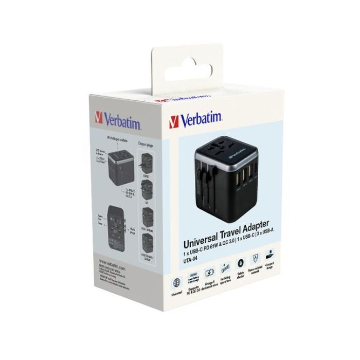 Verbatim Adaptador Universal de Viaje con 1 Puerto USB-C PD 61W, 3 Puertos USB-A, 1 Puerto USB-C, Compatible con más de 180 Países 4