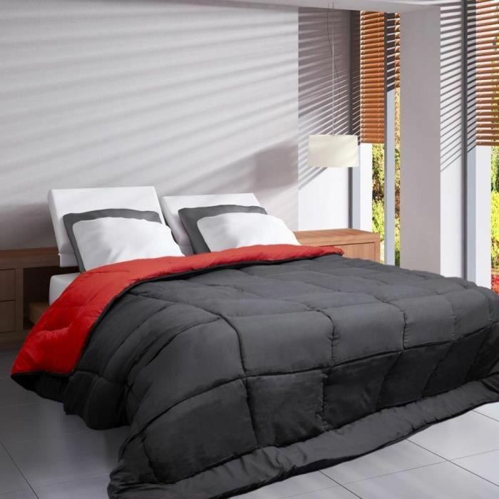 POYET MOTTE Edredón HUDSON Light Microfibra Fibras Huecas Silicona 200g/m² 220x240cm Gris y Rojo Oeko-Tex Ignífugo STOPFLAM 1