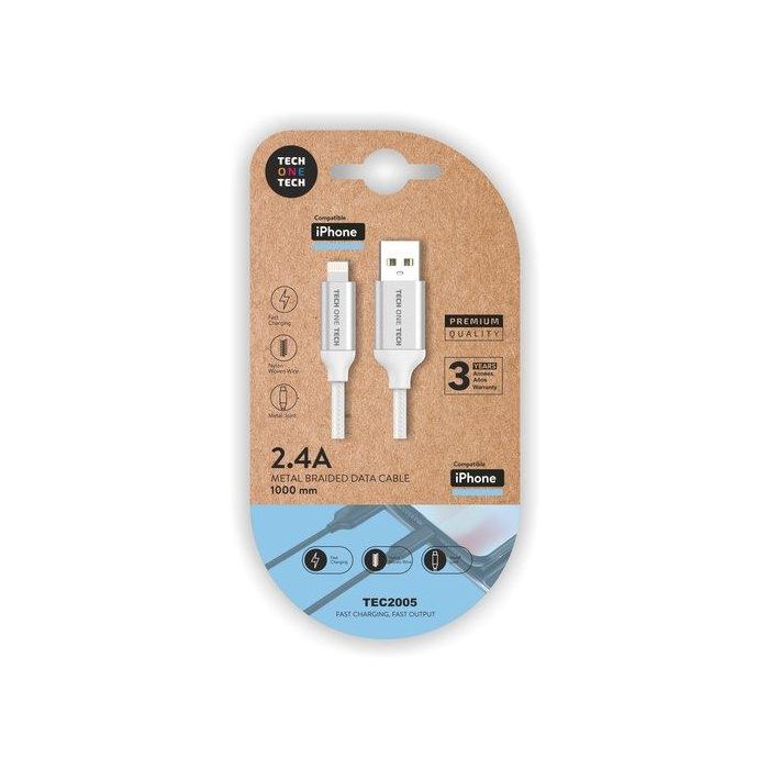 Tech One Tech Cable USB-A a Lightning 1m Blanco Nylon - Carga Rápida 2.4A, Compatible con iPhone