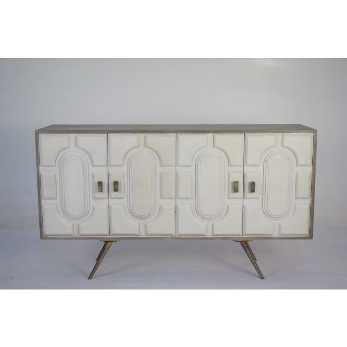 DKD Home Decor Buffet Blanco Dorado Madera Mango y Metal, 152x43x84 cm, 4 Puertas, 2 Estanterías, Hecho a Mano y Desmontable