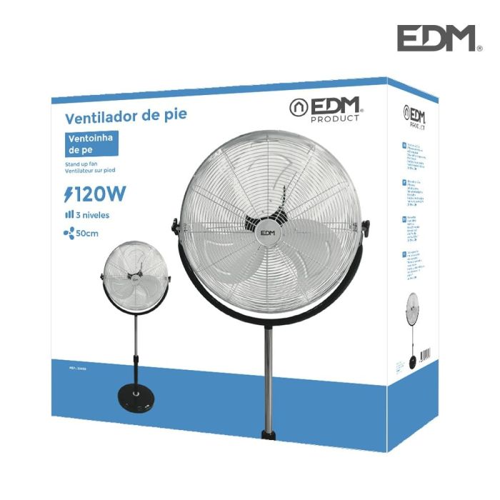 Ventilador de pie industrial, con base circular. cromado/negro potencia: 120w aspas: ø50cm altura regulable 118-148cm edm 2