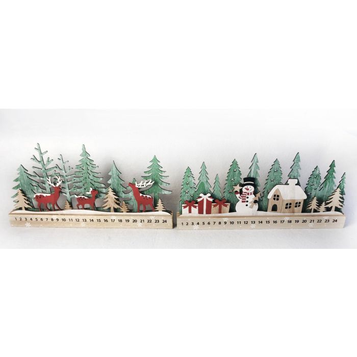 DKD Home Decor Calendario de Adviento Navidad Alpina con Reno de Madera, Verde Rojo Natural, 40x22x4 cm, Pack 4 Unidades