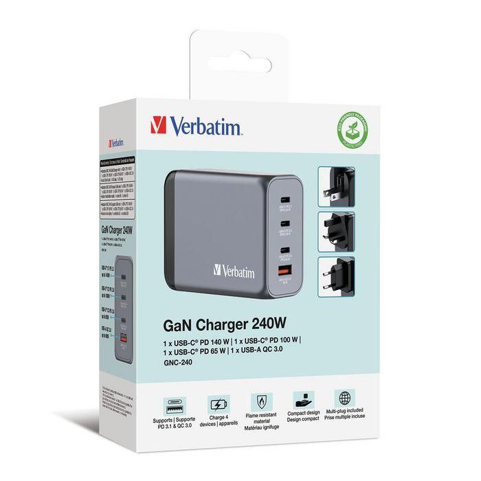 Verbatim Gnc-240 Cargador Pared Gan 240 W Usb-A 3.0 Y 3Xusb-C 3.0 5 Verbatim Gnc-240 Cargador Pared Gan 240 W Usb-A 3.0 Y 3Xusb-C 3.0 5