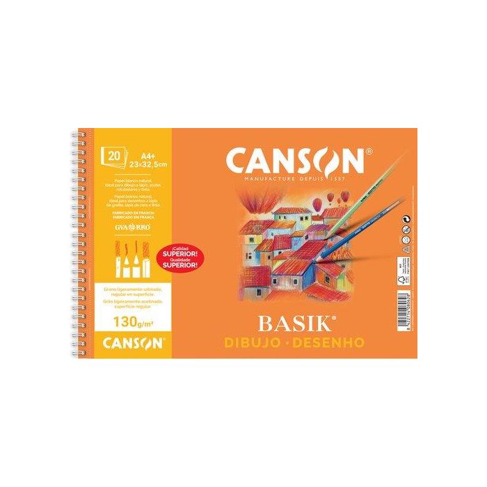 Canson Bloc 20 Hojas Basik 130G A4+ Microperforado, Papel para Dibujo y Tinta, C200408062